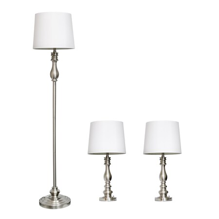 Lalia Home 3pc Metal Lamp Set 2 Table Lamps, 1 Floor Lamp White Drum Shades, Brushed Steel Finish LHS-1004-BS